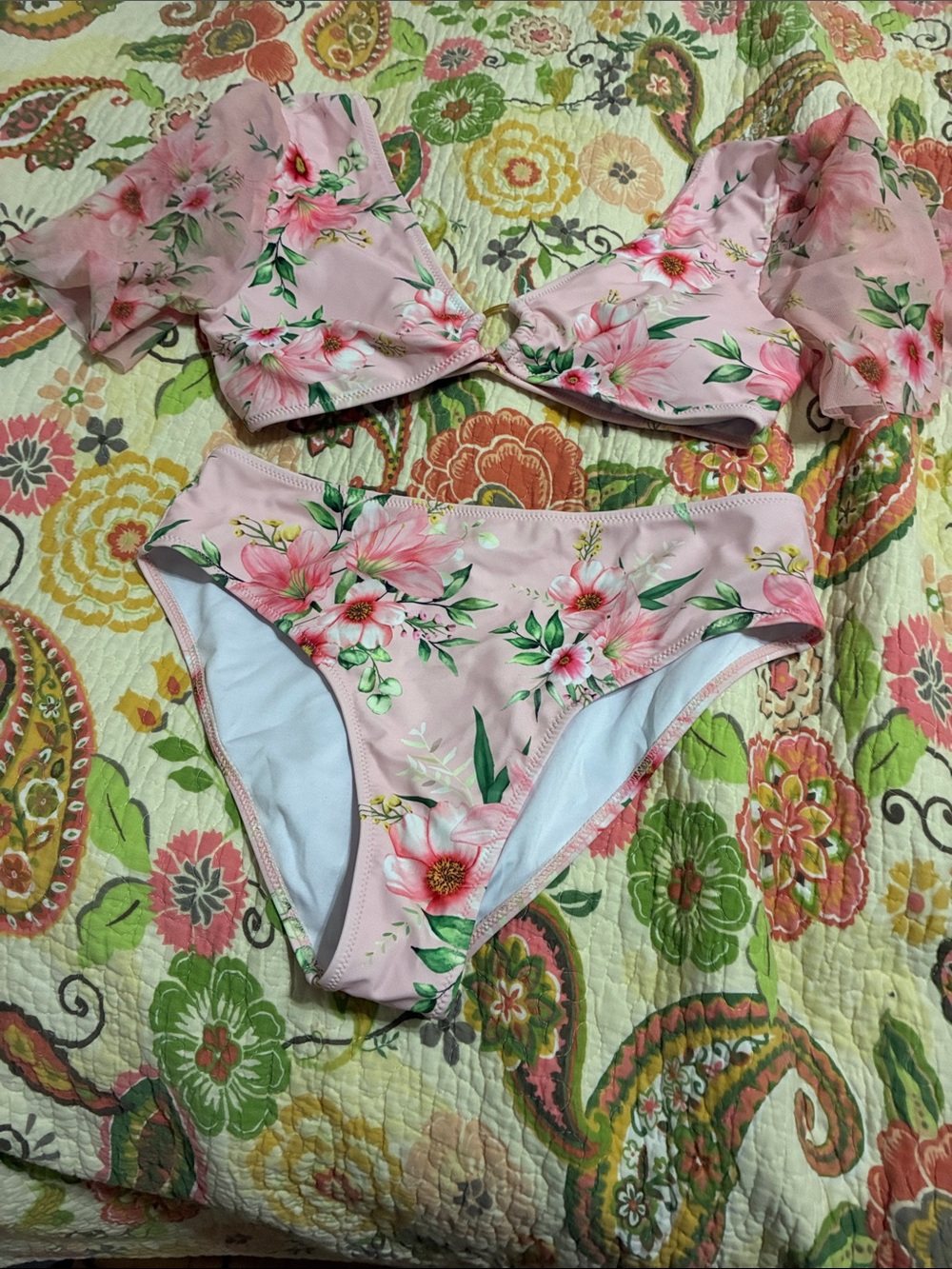 Floral Pink Puff-Sleeve Bikini Set